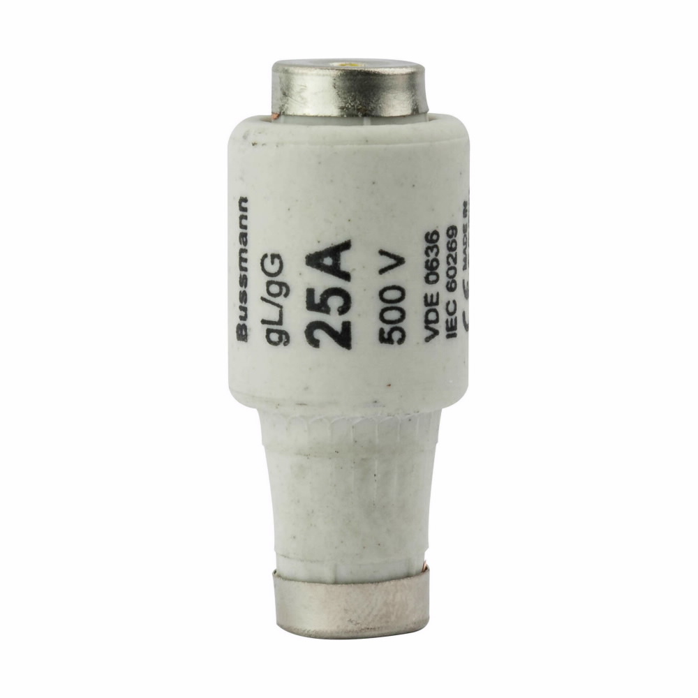 Eaton Bussmann series low voltage D fuse, 500V, 25A, 100 kAIC, Non Indicating, fuse, Class C gL/gG, Time delay, Yellow, Ceramic body