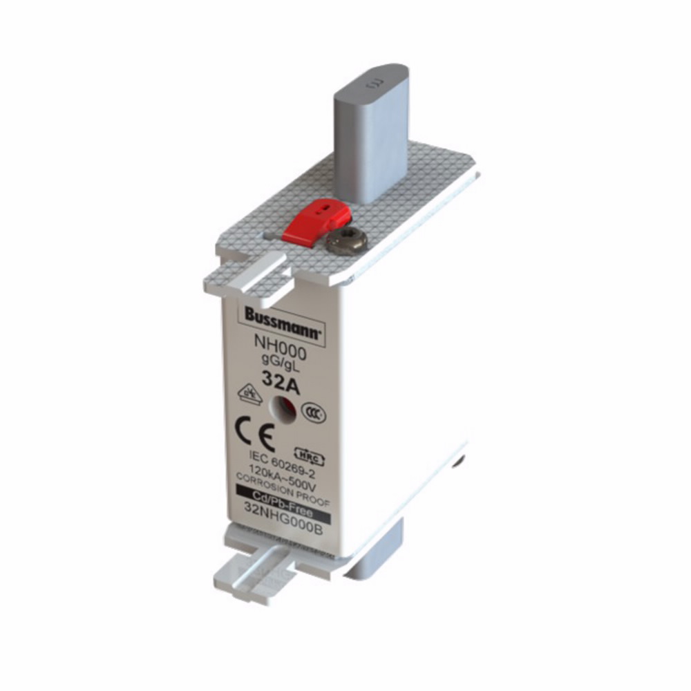 Eaton Bussmann series low voltage NH Fuse, Live gripping lug, 500V, 32A, 120 kAIC, Combination fuse status indicator, fuse, Blade end connection, Class C gL/gG, Square-body with knife blade contact, Ceramic body - 32NHG000B