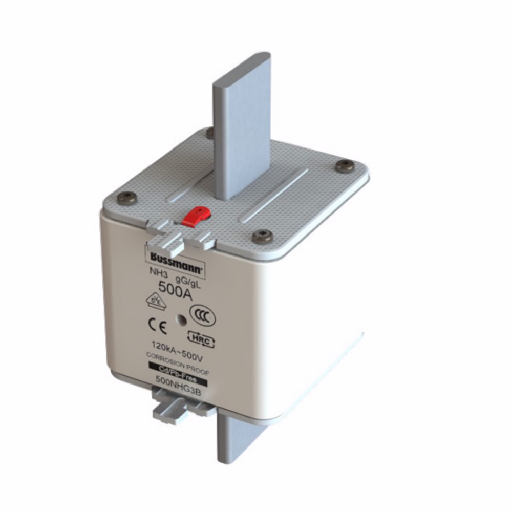 Eaton Bussmann series low voltage NH Fuse, Live gripping lug, 500V, 500A, 120 kAIC, Combination fuse status indicator, fuse, Blade end connection, Class C gL/gG, Square-body with knife blade contact, Ceramic body