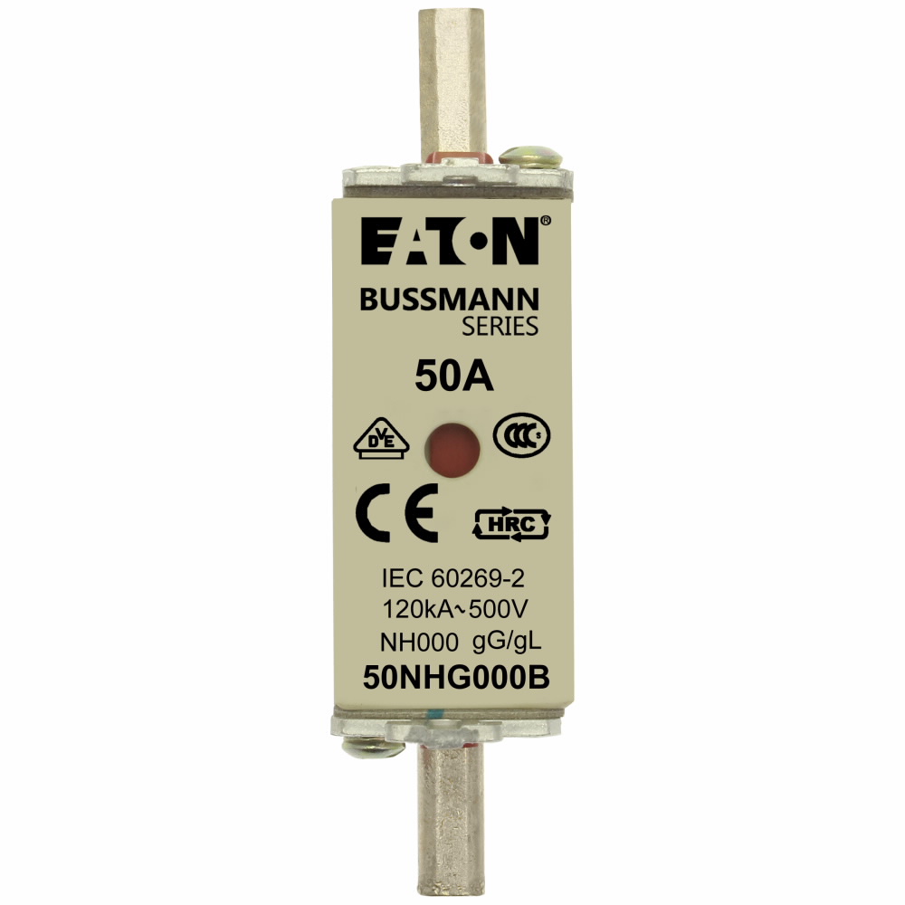 Eaton Bussmann series low voltage NH Fuse, Live gripping lug, 500V, 50A, 120 kAIC, Combination fuse status indicator, Blade end connection, Class C gL/gG, Square-body with knife blade contact, Metal plated copper contact plate, Ceramic body