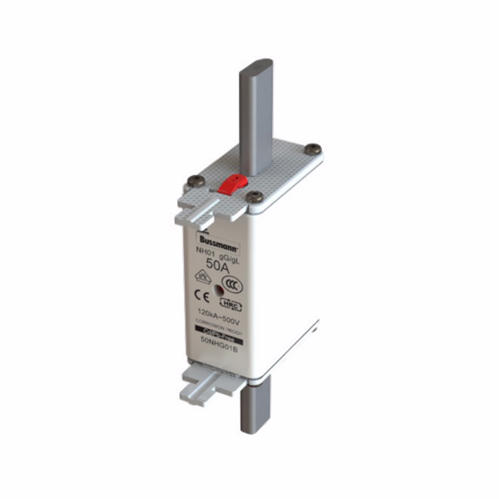 Eaton Bussmann series low voltage NH Fuse, Live gripping lug, 500V, 50A, 120 kAIC, Combination fuse status indicator, fuse, Blade end connection, Class C gL/gG, Square-body with knife blade contact, Ceramic body - 50NHG01B