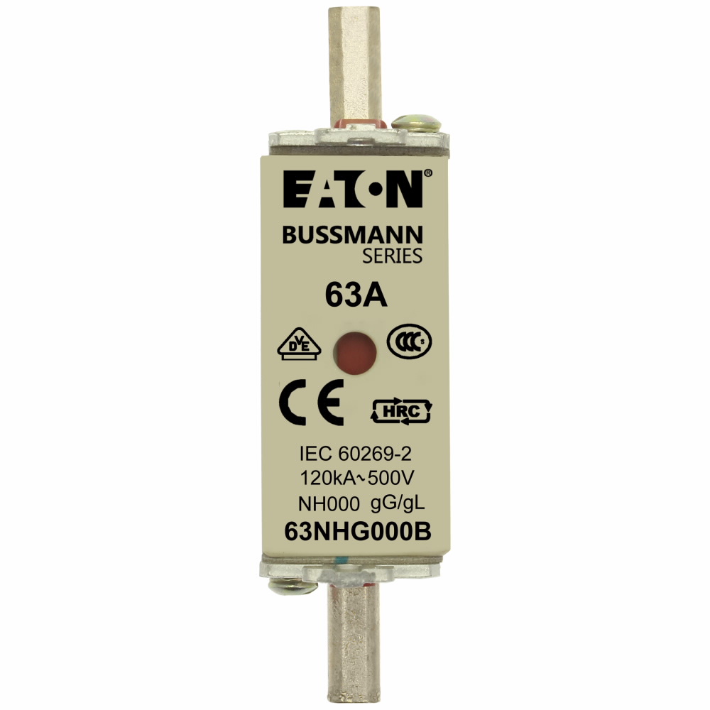 Eaton Bussmann series low voltage NH Fuse, Live gripping lug, 500V, 63A, 120 kAIC, Combination fuse status indicator, Blade end connection, Class C gL/gG, Square-body with knife blade contact, Metal plated copper contact plate, Ceramic body