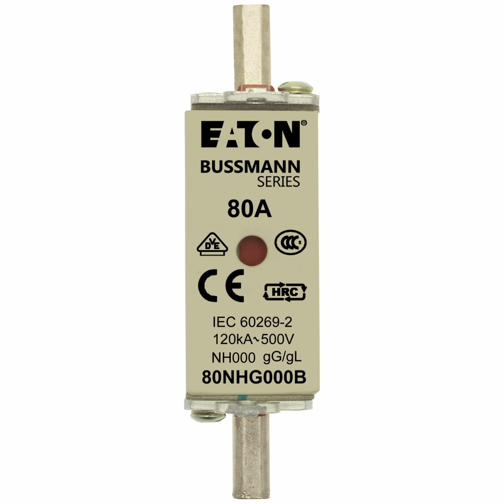Eaton Bussmann series low voltage NH Fuse, Live gripping lug, 500V, 80A, 120 kAIC, Combination fuse status indicator, Blade end connection, Class C gL/gG, Square-body with knife blade contact, Metal plated copper contact plate, Ceramic body