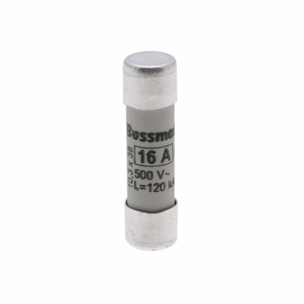 Eaton Bussmann series low voltage 10 x 38 mm cylindrical/ferrule fuse, rated at 500 Volts AC, 16 Amps, 120 kA Breaking capacity, class gG/Gl, without indicator, compatible with a CHM Modular fuse holder
