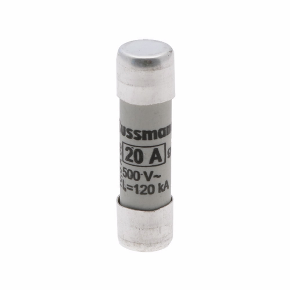 Eaton Bussmann series low voltage 10 x 38 mm cylindrical/ferrule fuse, rated at 500 Volts AC, 20 Amps, 120 kA Breaking capacity, class gG/Gl, without indicator, compatible with a CHM Modular fuse holder