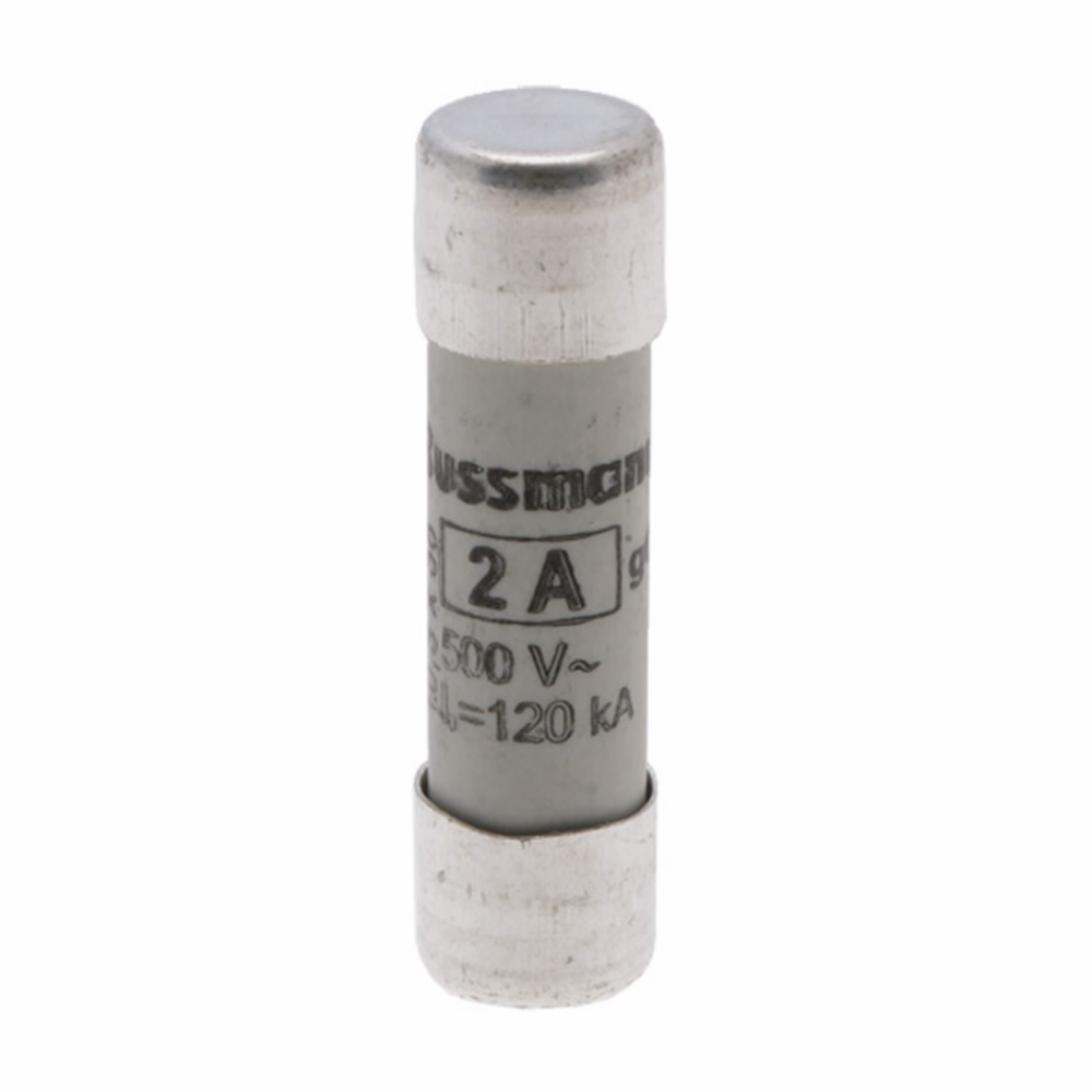 Eaton Bussmann series low voltage 10 x 38 mm cylindrical/ferrule fuse, rated at 500 Volts AC, 2 Amps, 120 kA Breaking capacity, class gG/Gl, without indicator, compatible with a CHM Modular fuse holder