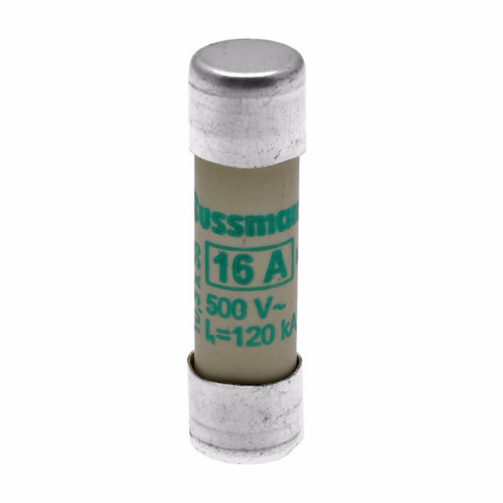 Eaton Bussmann series low voltage 10 x 38 mm cylindrical/ferrule fuse, rated at 500 Volts AC, 16 Amps, 120 kA Breaking capacity, class aM, without indicator, compatible with a CHM Modular fuse holder