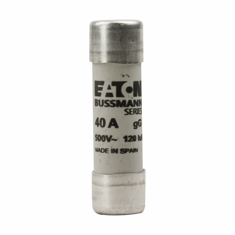 Eaton Bussmann series low voltage 14 x 51 mm cylindrical/ferrule fuse, rated at 500 Volts AC, 40 Amps, 120 kA Breaking capacity, class gG/gL, without indicator, compatible with a CH14 Modular fuse holder