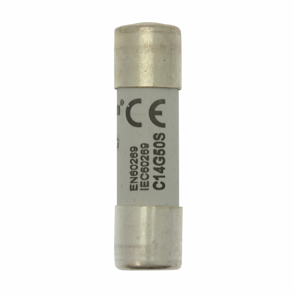 Eaton Bussmann series low voltage 14 x 51 mm cylindrical/ferrule fuse, rated at 400 Volts AC, 50 Amps, 120 kA Breaking capacity, class gG/gL, with striker, compatible with a CH14 Modular fuse holder