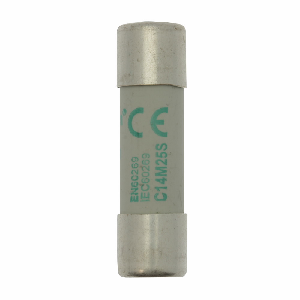 Eaton Bussmann series low voltage 14 x 51 mm cylindrical/ferrule fuse, rated at 500 Volts AC, 25 Amps, 120 kA Breaking capacity, class aM, with striker, compatible with a CH14 Modular fuse holder