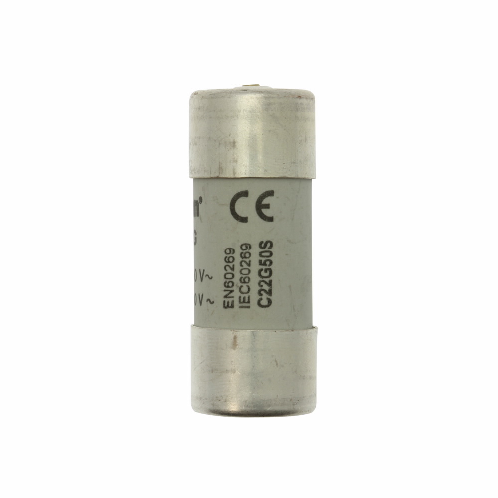 Eaton Bussmann series low voltage 22 x 58 mm cylindrical/ferrule fuse, rated at 690 Volts AC, 50 Amps, 80 kA Breaking capacity, class gG/gL, with striker, compatible with a CH22 Modular fuse holder