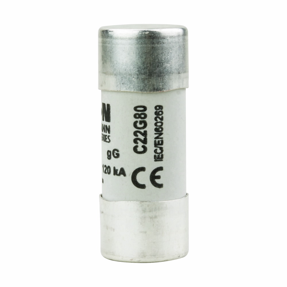 Eaton Bussmann series low voltage 22 x 58 mm cylindrical/ferrule fuse, rated at 500 Volts AC, 80 Amps, 120 kA Breaking capacity, class gG/gL, without indicator, compatible with a CH22 Modular fuse holder