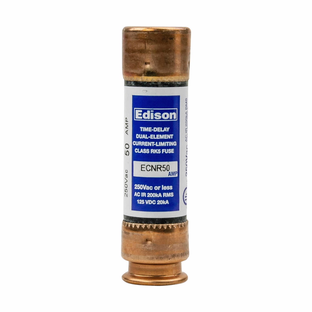 Eaton Edison ECNR fuse, Superior overload and cycling capabilities, 250 Vac, 125 Vdc, 50A, 200 kAIC, Non Indicating, Time delay, Current-limiting, Ferrule end X ferrule end, Class RK5