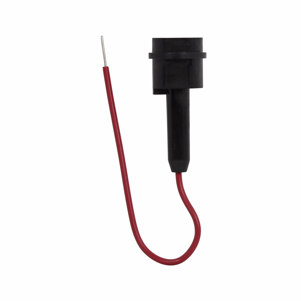 Eaton Bussmann series, in-line fuseholder, 300v, 1-10a, 10 kaic, #18 awg red insulated solid copper wire attached to lineside, used with glq fuses, non indicating, single-pole