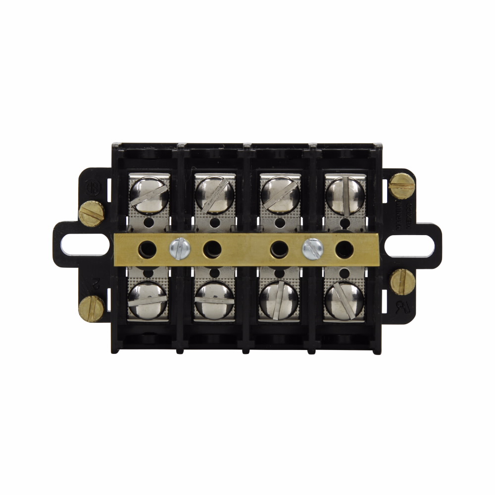 Terminal Block, 60A, Black, #10-32 TPI Screw, Panel, Two-pole, 105 Degrees C, Shorting strap and four shorting screws, Double row, standard, 600V, Nickel-plated brass terminal, 20 lb-in