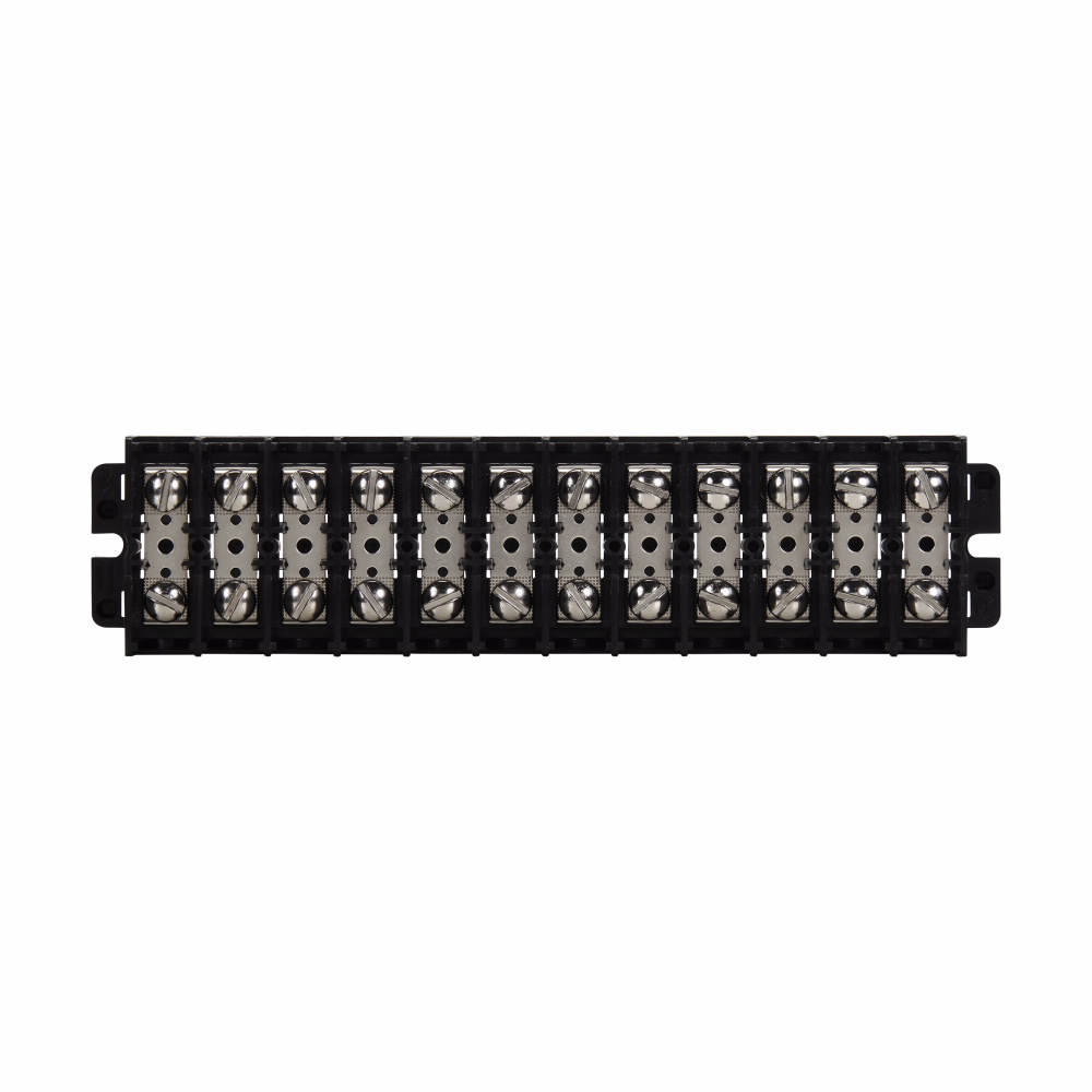 Terminal Block, 60A, Black, #10-32 TPI Screw, Panel, Six-pole, 105 Degrees C, Nickel-plated brass washer head, Includes top cover and two end plates, Matte finish, Double row, short, 600V, Nickel-plated brass terminal, 20 lb-in