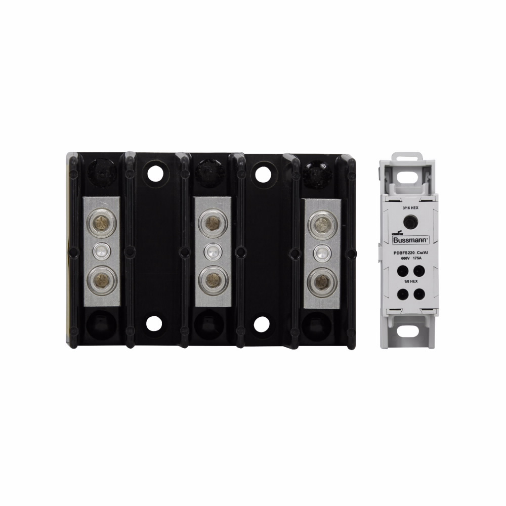 Eaton Bussmann series PDBFS power distribution block, IP-20 Finger-safe, 600 Vac, 600 Vdc, 760A, Power distribution block, SCCR: 200 kA (500 KCMIL), 100 kA (6 AWG To 500 KCMIL), Panel, Tin-plated aluminum connectors