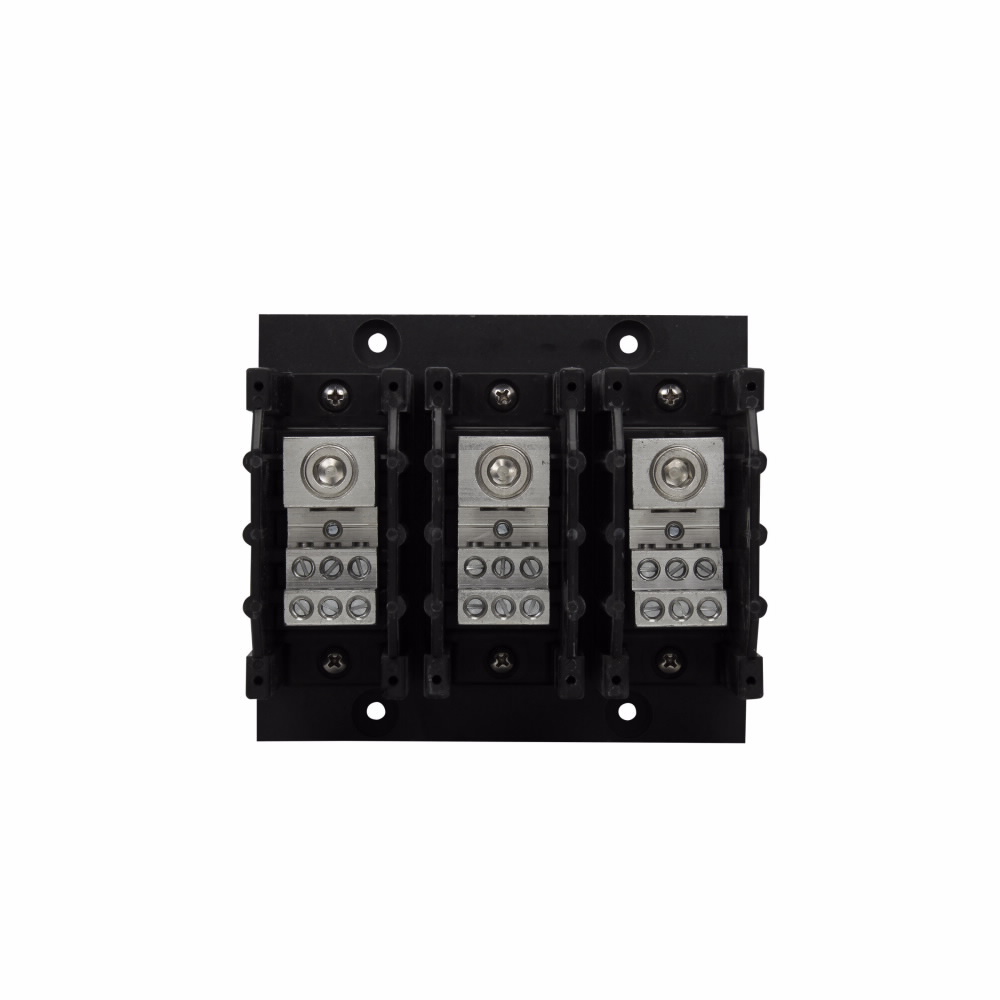 Eaton Bussmann series PDB power distribution block, IP-20 Finger-safe, 600 Vac, 600 Vdc, 310A, Power distribution block, Three-pole, SCCR: 200 kA (8 To 4 AWG), 100 kA (12 To 4 AWG), Panel, Tin-plated aluminum connectors