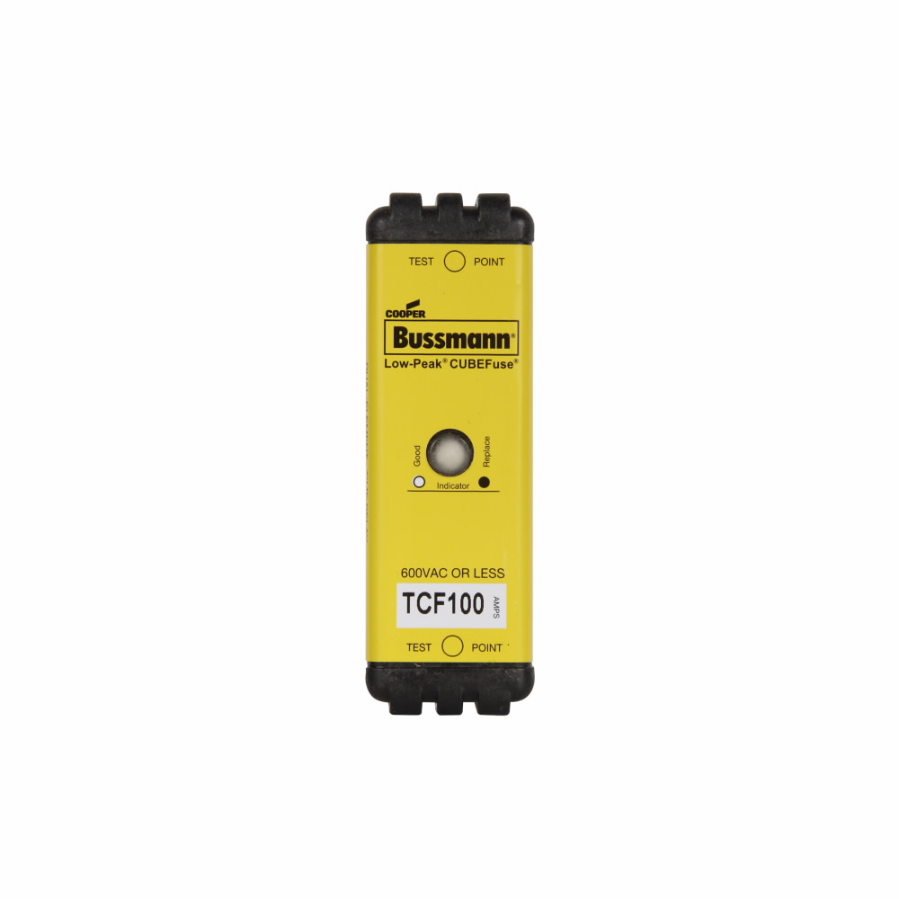 Eaton Bussmann series TCF fuse, 100 A, 60 Hz, 50 Hz, Dual, CF, Black, With Indicator, Blade end, Time delay, 10 sec at 500%, 300 kAIC at 600 V,100 kAIC at 300 Vdc, Glass filled PES, 35 mm DIN rail,Chassis, 600 V, 300 Vdc