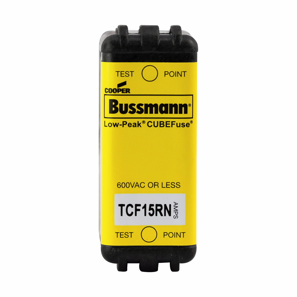 Eaton Bussmann series TCF fuse, 15 A, 60 Hz, 50 Hz, Dual, CF, Black, Non-indicating, Blade end, Time delay,Class CF, 10 sec at 500%, 100 kAIC at 300 Vdc,300 kAIC at 600 V, Glass filled PES, 35 mm DIN rail,Chassis, 600 V, 300 Vdc