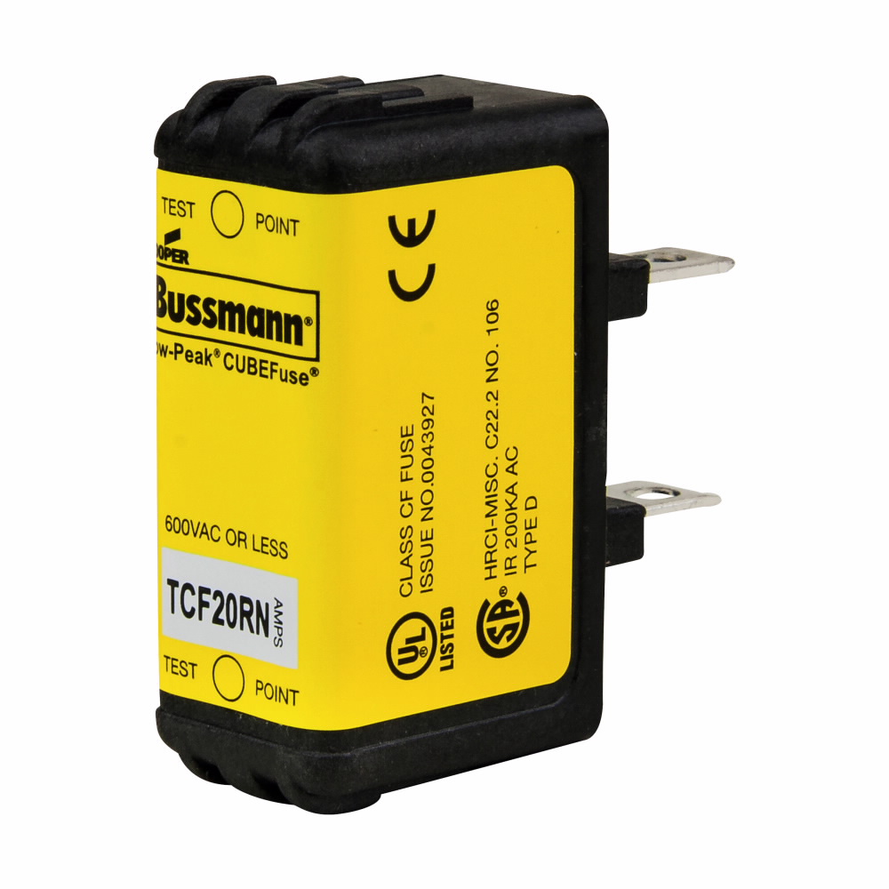 Eaton Bussmann series TCF fuse, 20 A, 60 Hz, 50 Hz, Dual, CF, Black, Non-indicating, Blade end, Time delay,Class CF, 10 sec at 500%, 100 kAIC at 300 Vdc,300 kAIC at 600 V, Glass filled PES, 35 mm DIN rail,Chassis, 600 V, 300 Vdc