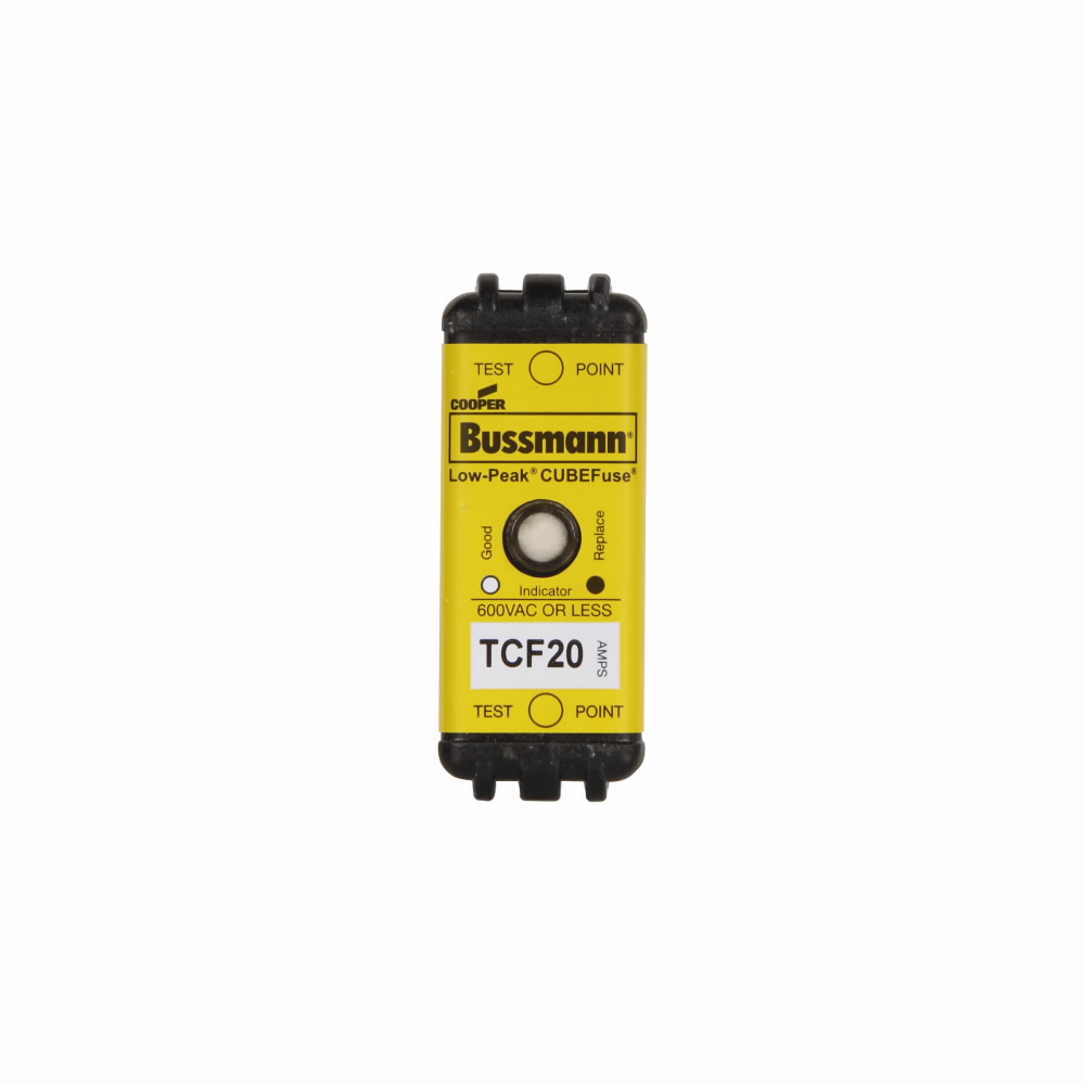Eaton Bussmann series TCF fuse, 20 A, 60 Hz, 50 Hz, Dual, CF, Black, With Indicator, Blade end, Time delay, 10 sec at 500%, 300 kAIC at 600 V,100 kAIC at 300 Vdc, Glass filled PES, Chassis,35 mm DIN rail, 600 V, 300 Vdc