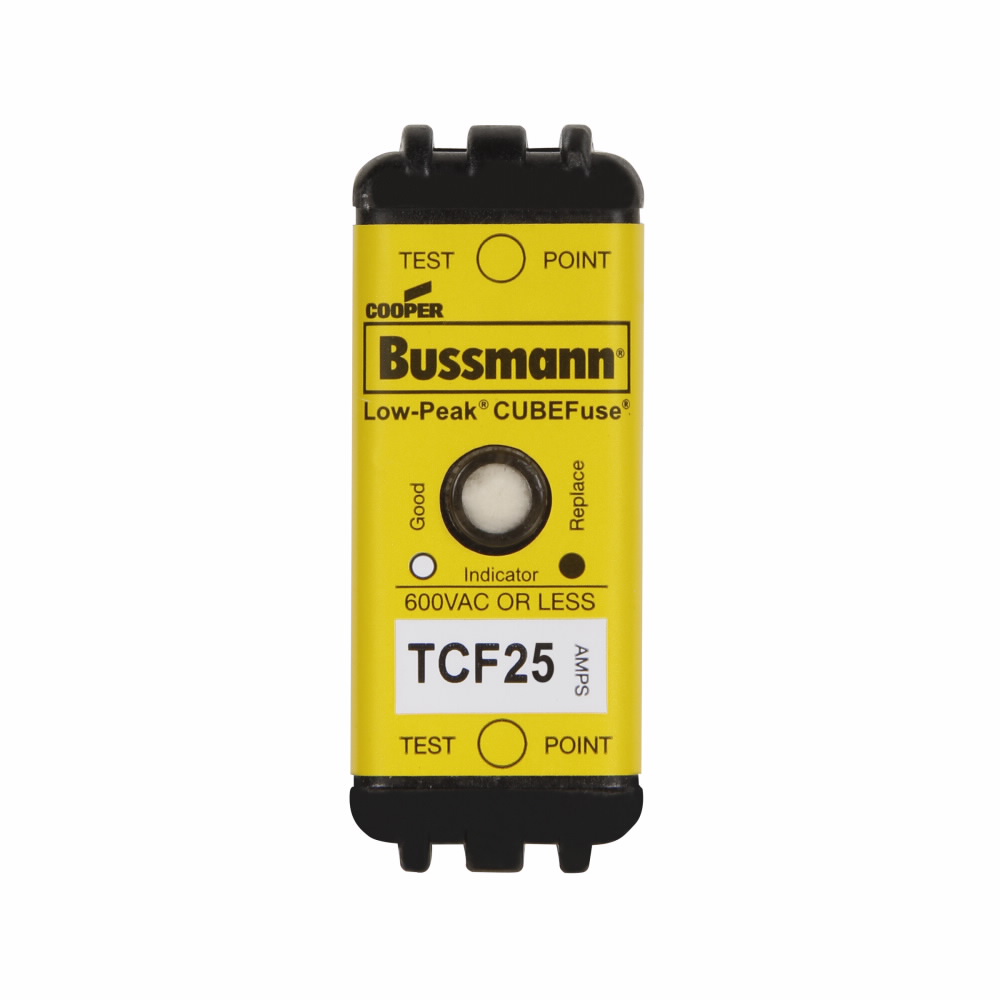 Eaton Bussmann series TCF fuse, 25 A, 60 Hz, 50 Hz, Dual, CF, Black, With Indicator, Blade end, Time delay,Class CF, 10 sec at 500%, 100 kAIC at 300 Vdc,300 kAIC at 600 V, Glass filled PES, 35 mm DIN rail,Chassis, 600 V, 300 Vdc