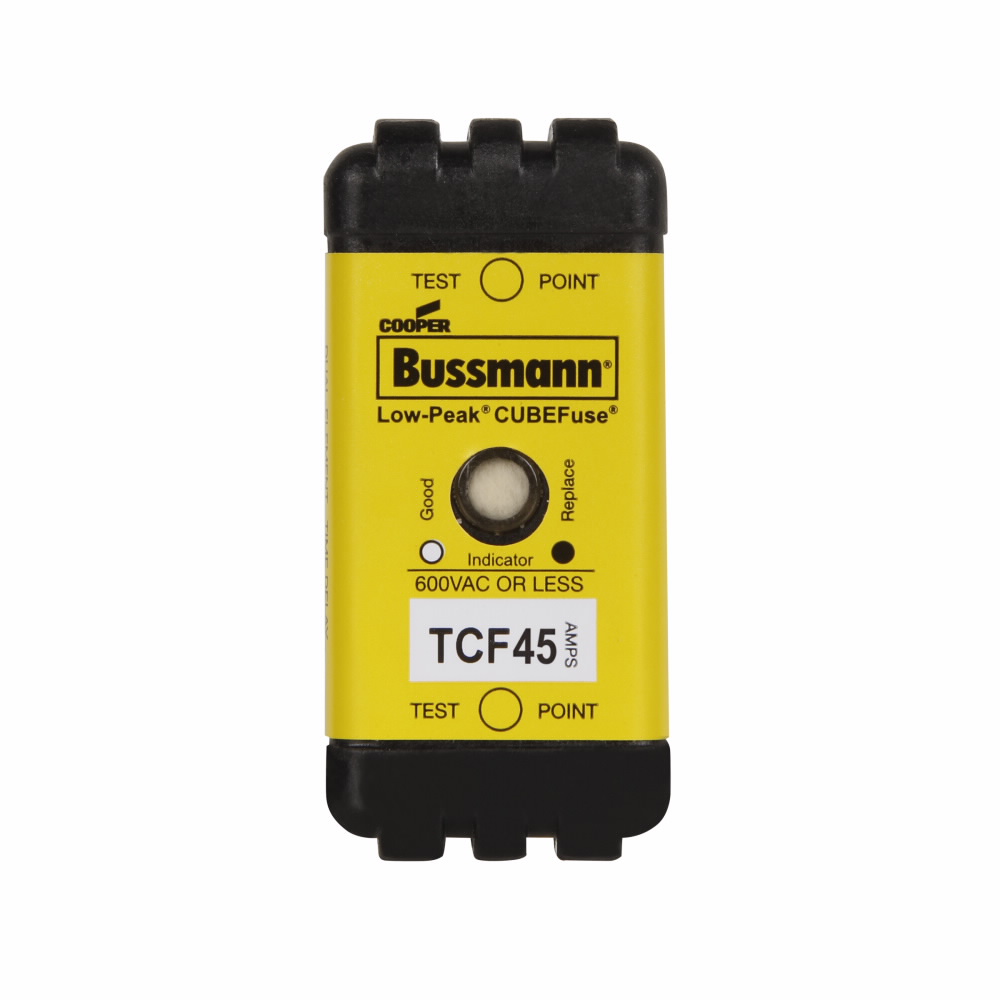 Eaton Bussmann series TCF fuse, 45 A, 60 Hz, 50 Hz, Dual, CF, Black, With Indicator, Blade end, Time delay,Class CF, 10 sec at 500%, 100 kAIC at 300 Vdc,300 kAIC at 600 V, Glass filled PES, Chassis,35 mm DIN rail, 600 V, 300 Vdc
