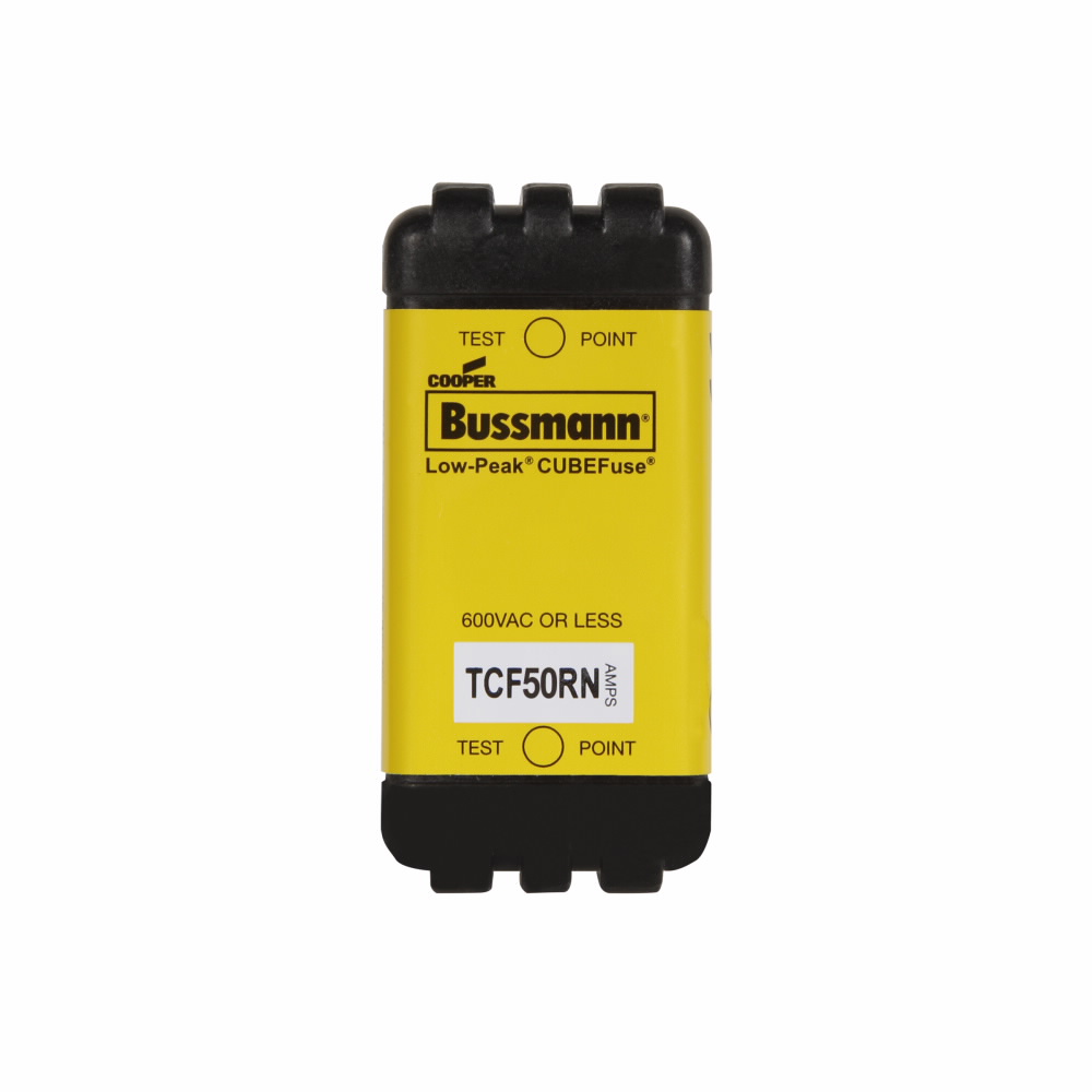 Eaton Bussmann series TCF fuse, 50 A, 60 Hz, 50 Hz, Dual, CF, Black, Non-indicating, Blade end, Time delay,Class CF, 10 sec at 500%, 300 kAIC at 600 V,100 kAIC at 300 Vdc, Glass filled PES, 35 mm DIN rail,Chassis, 600 V, 300 Vdc