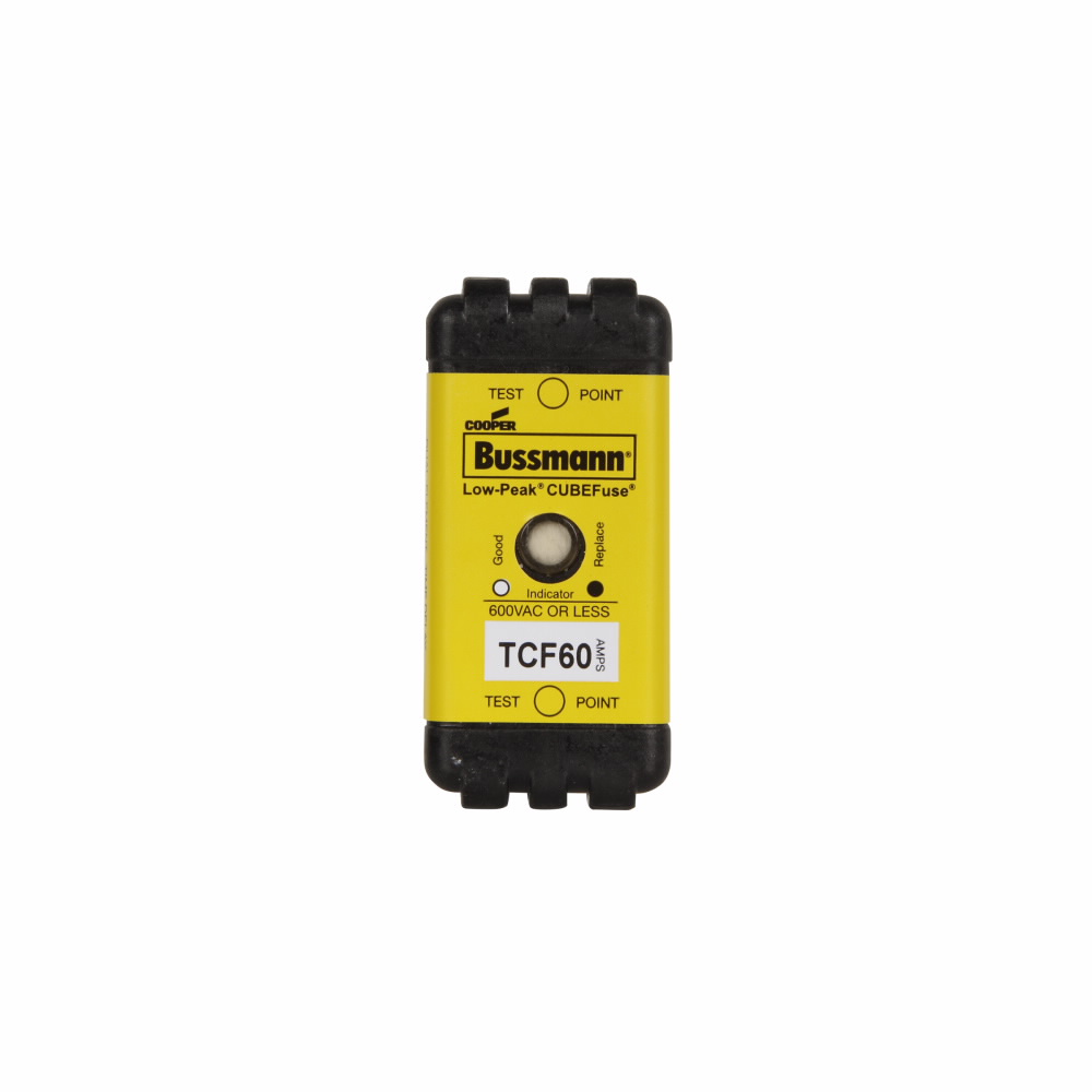 Eaton Bussmann series TCF fuse, 60 A, 60 Hz, 50 Hz, Dual, CF, Black, With Indicator, Blade end, Time delay, 10 sec at 500%, 300 kAIC at 600 V,100 kAIC at 300 Vdc, Glass filled PES, Chassis,35 mm DIN rail, 600 V, 300 Vdc