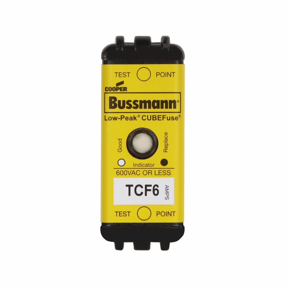 Eaton Bussmann series TCF fuse, 6 A, 60 Hz, 50 Hz, Dual, CF, Black, With Indicator, Blade end, Time delay, 10 sec at 500%, 100 kAIC at 300 Vdc,300 kAIC at 600 V, Glass filled PES, Chassis,35 mm DIN rail, 600 V, 300 Vdc, TCFH30N, CCP2-3-30CF