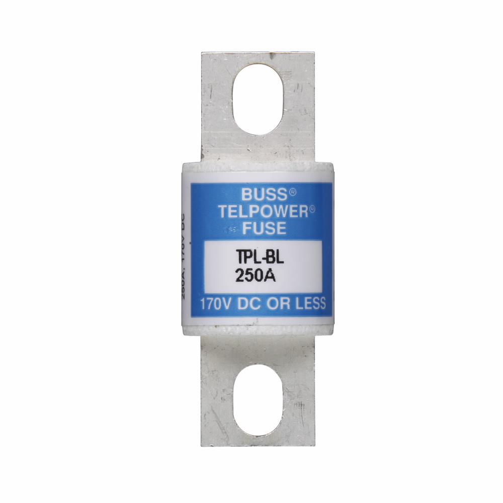 Eaton Bussmann series TPL telecommunication fuse, 170 Vdc, 250A, 100 kAIC, Non Indicating, Current-limiting, Bolted blade end X bolted blade end, Silver-plated terminal