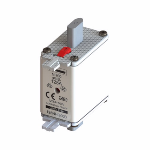 Eaton Bussmann series low voltage NH Fuse, Live gripping lug, 500V, 125A, 120 kAIC, Combination fuse status indicator,Blade end connection, Class C gL/gG, Square-body with knife blade contact, Metal plated copper contact plate