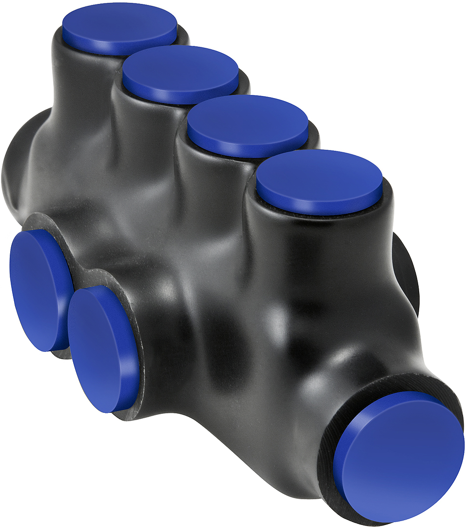 Product image for ILSCO PBTX-4-350-F 6.1 x 2.58 x 2.43 Inch Black Cover Blue Cap Plastisol Insulated Multi-Tap Connector
