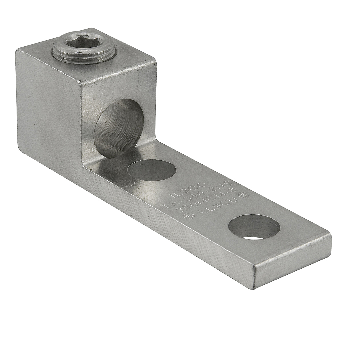 Product image for Ilsco TA-350-2NS Aluminum Mechanical Lug, Conductor Range 350-6, 1 Port, 2 Holes, 1/2in Bolt Size, 1-3/4in Hole Spacing, Tin Plated, UL, CSA
