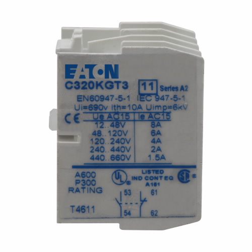 Product image for Eaton Electrical C320KGT3 600 VAC 10 Amp 250 VDC 5 Amp 1NO 1NC Snap-On Terminal Contactor Auxiliary Contact