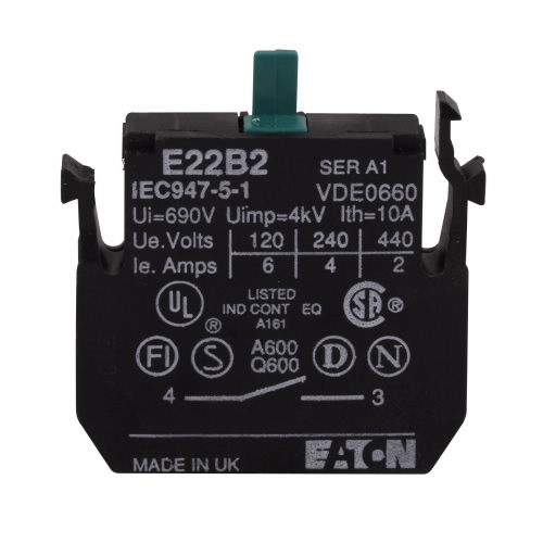 Product image for Eaton Electrical E22B2 22.5 mm 1NO Screw Terminal Push Button Contact Block