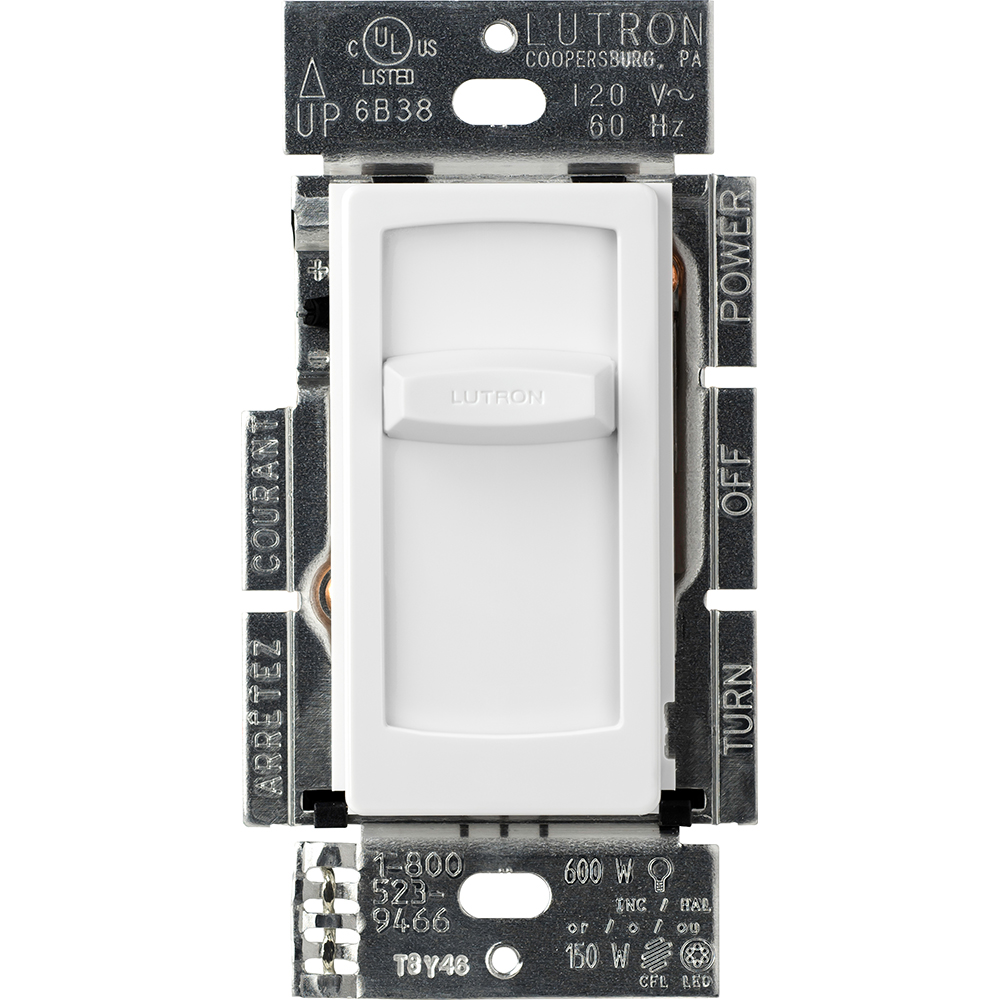Skylark Contour slide-to-off Dimmer, CFL/LED (screw-base), Incandescent/Halogen, single-pole, 150W CFL/LED or 600W inc/hal in white, clamshell packaging
