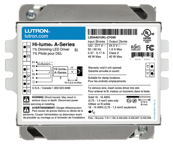 UL listed Hi-Lume A-Series driver, EcoSystem or 3-wire, 24 V, provides continuous flicker-free dimming for constant current or voltage LED sources