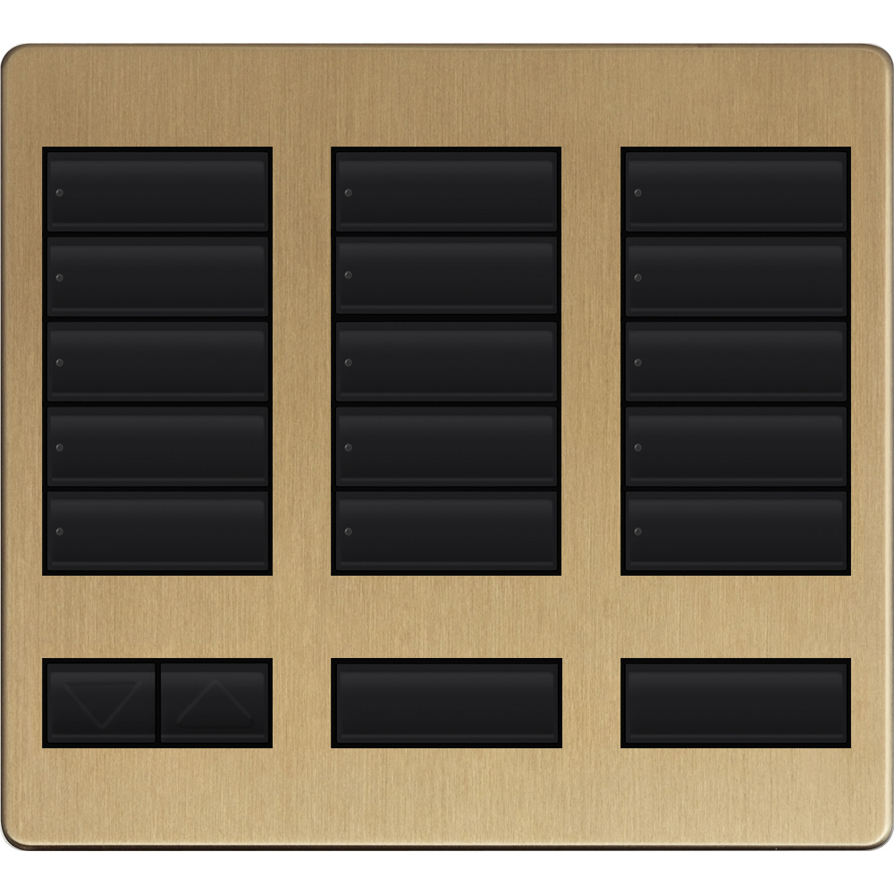 Large 15-button replacement faceplate kit for a Homeworks tabletop control in satin brass