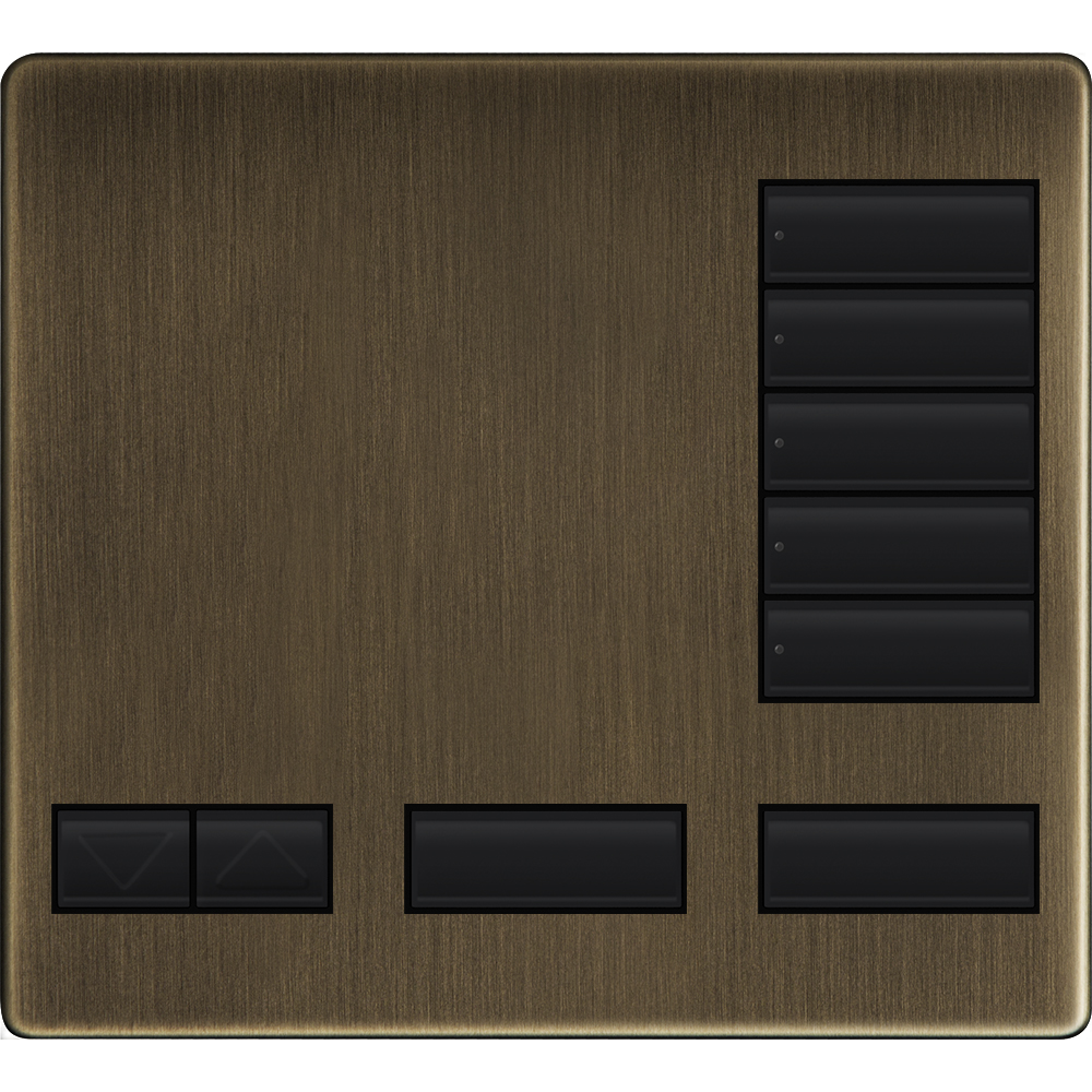 Large 5-button replacement faceplate kit for a Homeworks tabletop control in antique brass