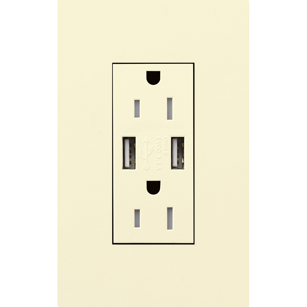 Architectural style, tamper-resistant USB receptacle, 125V, 15A with faceplate in almond