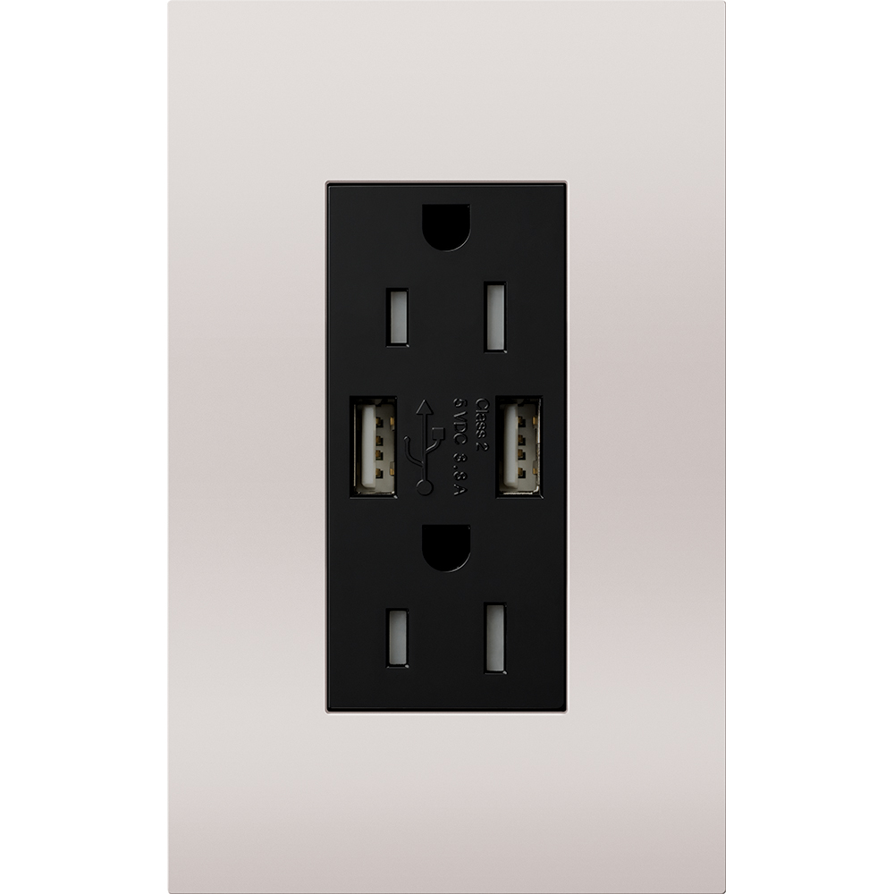 Architectural style, tamper-resistant USB receptacle, 125V, 15A with faceplate in bright chrome