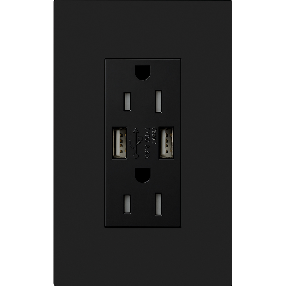 Architectural style, tamper-resistant USB receptacle, 125V, 15A with faceplate in black