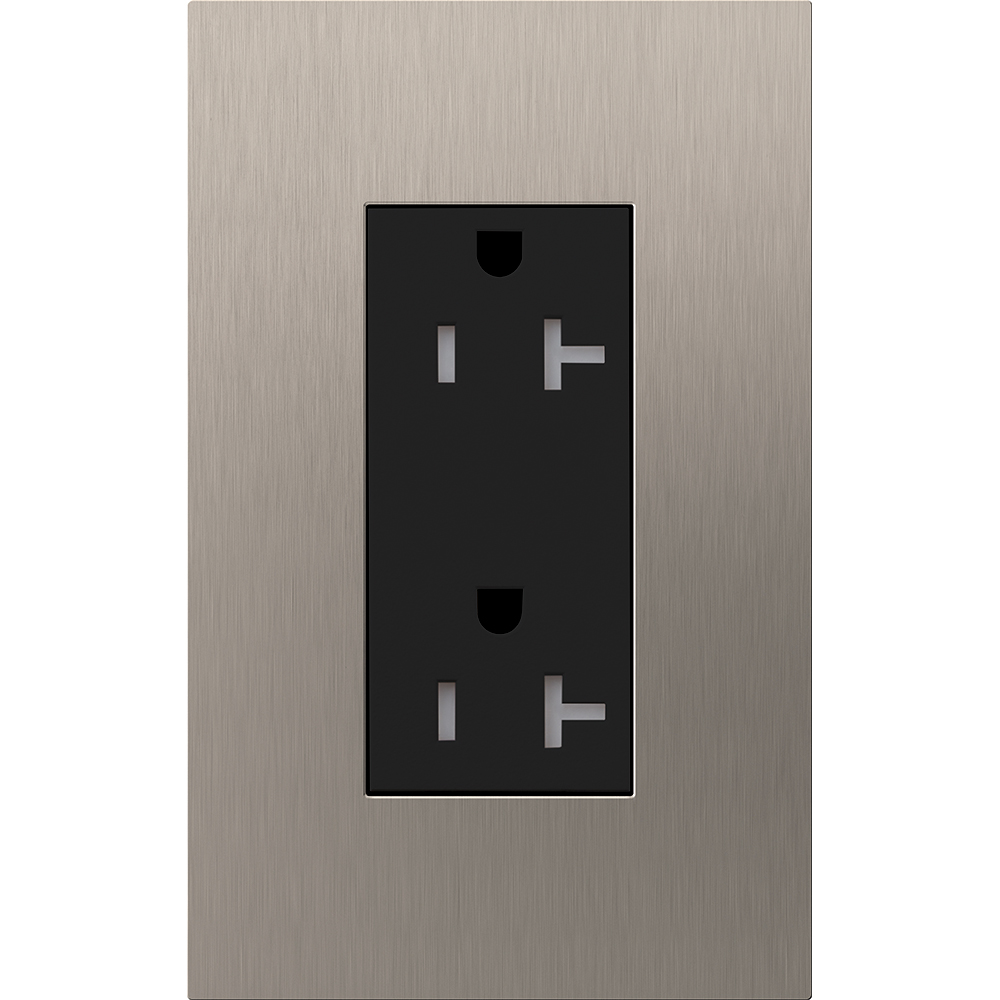 Duplex 20 A receptacle, tamper resistant, 125V/20A with faceplate in satin nickel