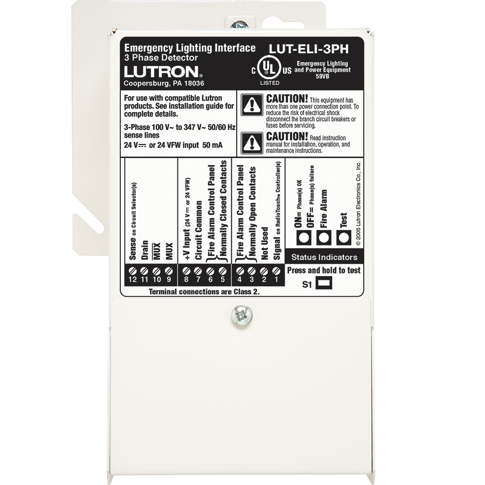 A device that works with Lutron lighting controls to provide an emergency lighting solution. The device is capable of sensing normal (non-essential) line voltage power and accepting an output from a fire alarm control panel (FACP). Upon loss of normal power or receiving a signal from the FACP, it will send a signal to the compatible Lutron control(s) to which it is connected. This signal will cause the controls to enter the emergency lighting mode and any lights controlled will go to the emergency light level setting