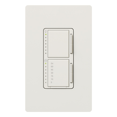 Maestro Dual Incandescent/Halogen Dimmer and Switch, Single-pole, clamshell packaging, wallplate included, White finish, 120V/300W dimmer, 2.5A switch in snow