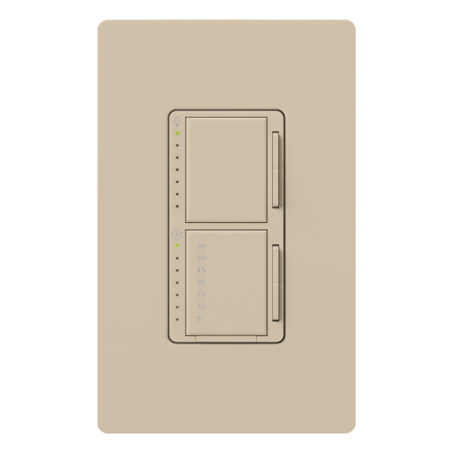 Maestro Dual Incandescent/Halogen Dimmer and Switch, Single-pole, clamshell packaging, wallplate included, White finish, 120V/300W dimmer, 2.5A switch in taupe