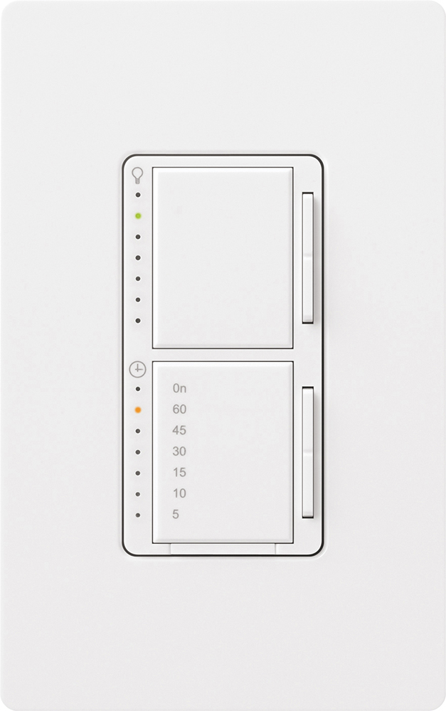 Maestro Dual Incandescent/Halogen Dimmer and Timer Switch, Single-pole, clamshell packaging, wallplate included, White finish, 120V/300W dimmer, 2.5A timer