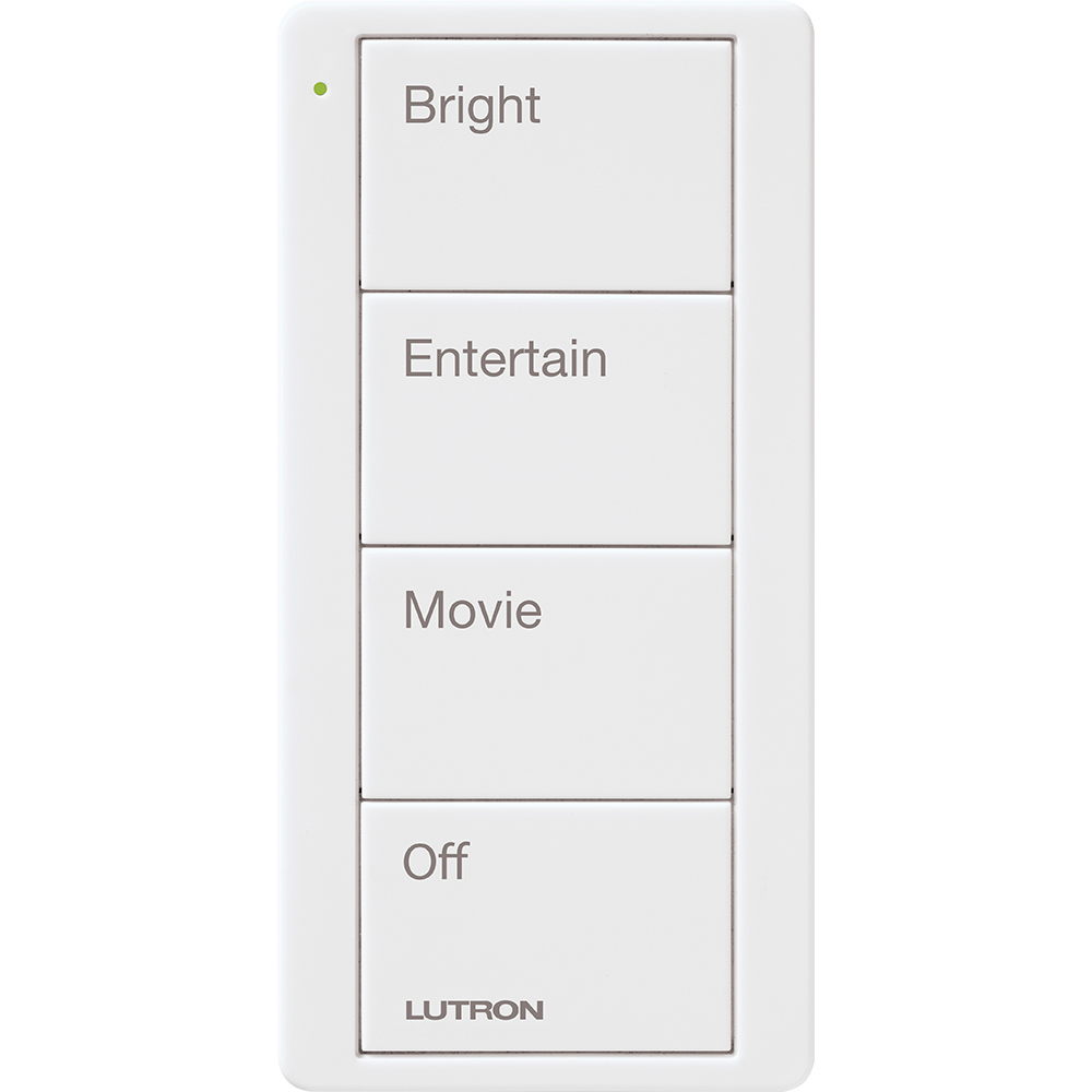 Pico Wireless Control, 4-button, 434 MHz, scene control of lights, family room engraving, in white